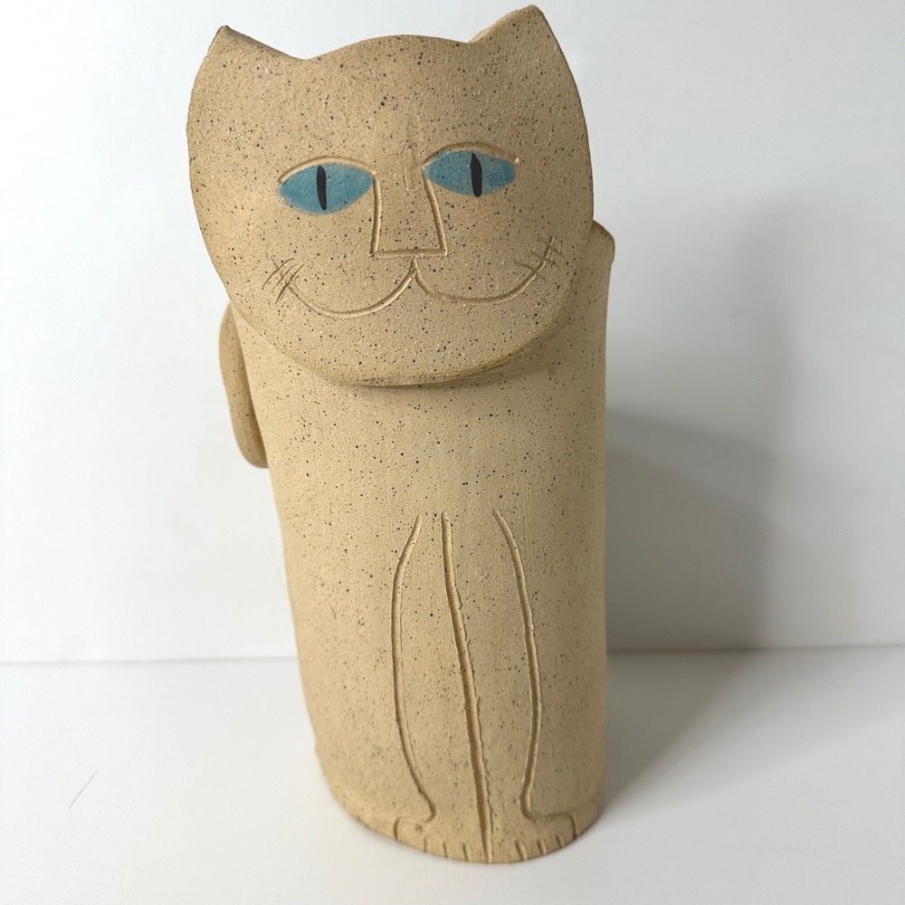 Vintage‎ Studio Pottery Cat Vase Folk Art Stoneware Feline Figurine 9" Whimsical